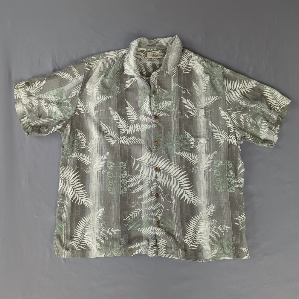 Caribbean Silk Blend Hawaiian Aloha Shirt Mens Large Gray Fern Tropical